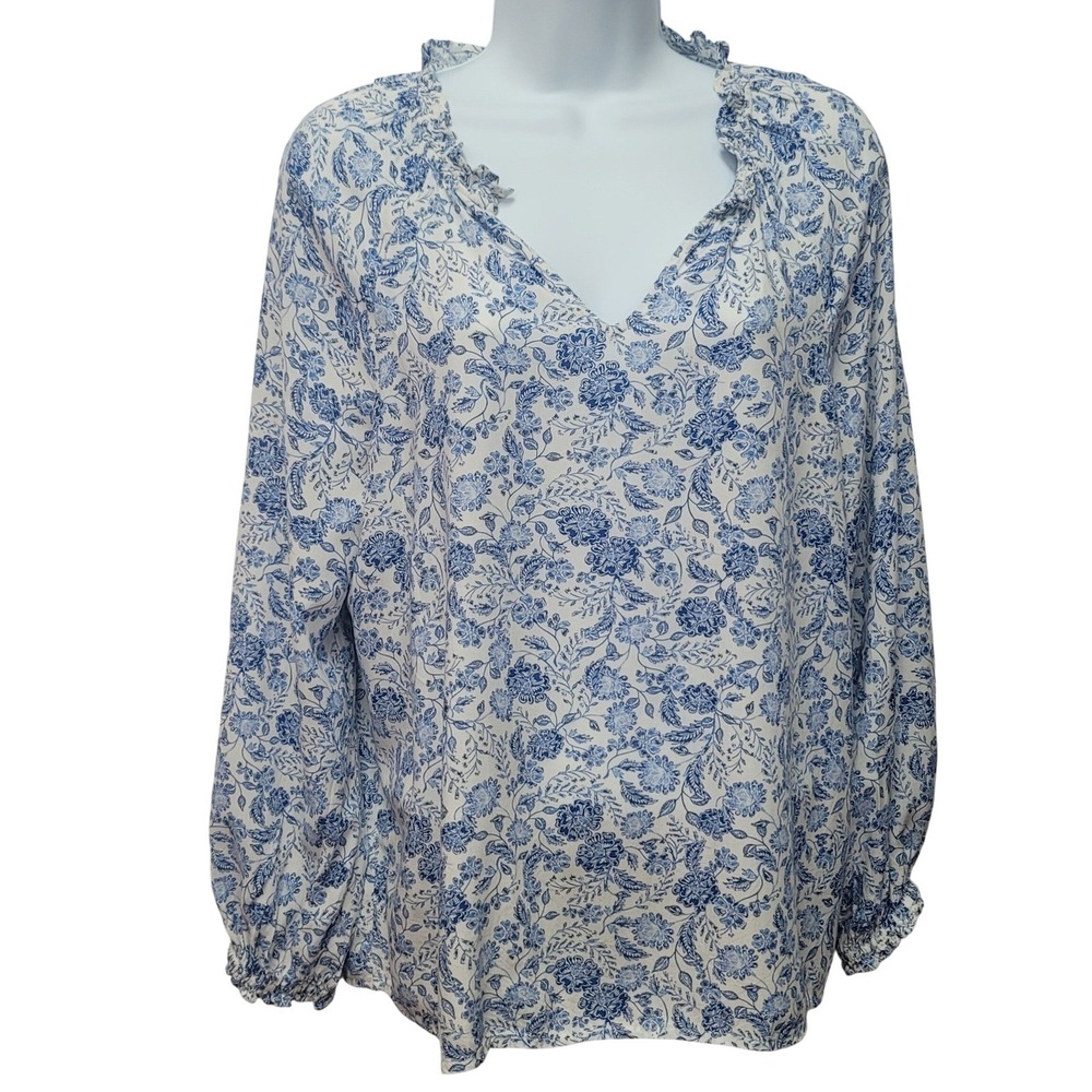 Old Navy Blue & White Floral Womens Blouse S Ruffled Long Sleeves Boho Beach Y2K